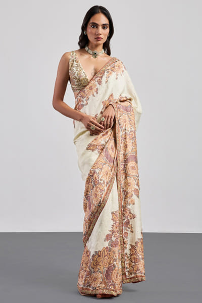 Ri Ritu Kumar Beige printed embroidered border sari set RIRIAUG26D251848