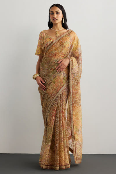 Ri Ritu Kumar Peach aari-zardozi hand embroidered sari set RIRIMAY26D145567