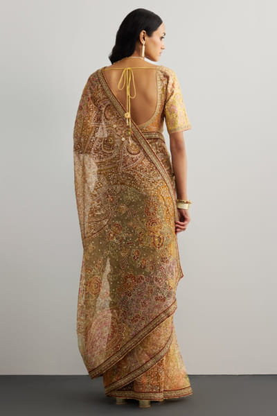 Ri Ritu Kumar Peach aari-zardozi hand embroidered sari set RIRIMAY26D145567