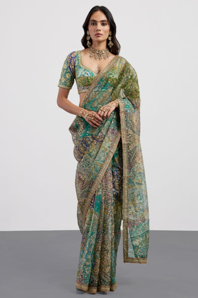 Ri Ritu Kumar Turquoise blue printed embroidered sari set RIRIAUG26D151784