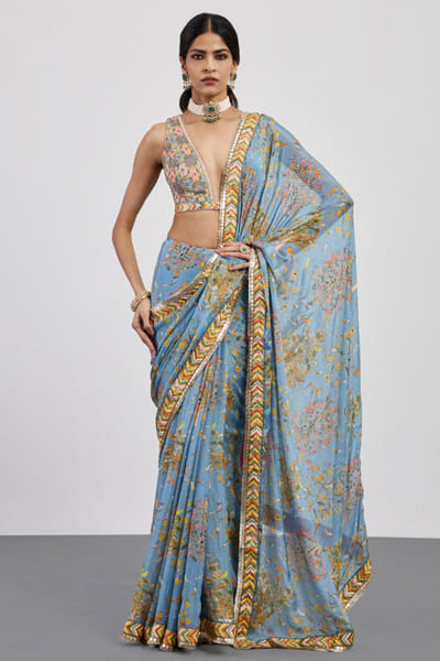Ri Ritu Kumar Powder blue printed embroidered sari set RIRIAUG26D151776