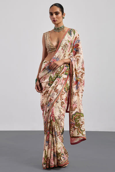 Ri Ritu Kumar Beige printed and embroidered sari set RIRIAUG26D151795