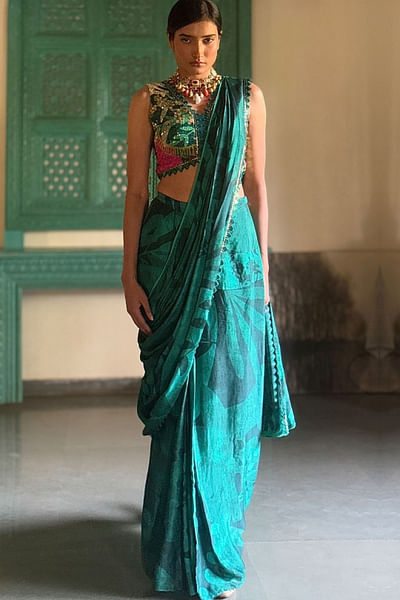 Green printed embellished pre-draped sari set