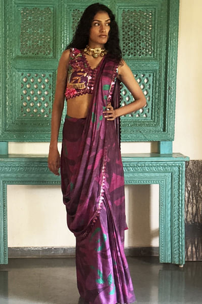 Wine printed embellished pre-draped sari set