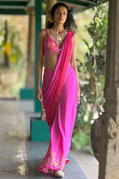 Pink floral printed draped scalloped sari set