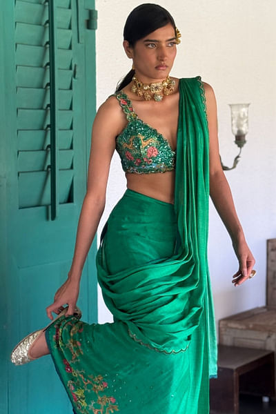 Green floral printed draped scalloped sari set