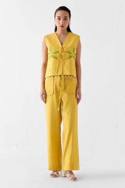 Studio Rigu Mustard hand embroidered palm motif co-ord set STUDMAY26D144771