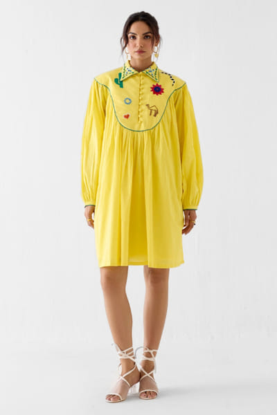 Studio Rigu Yellow hand embroidered short dress STUDMAY26D144778