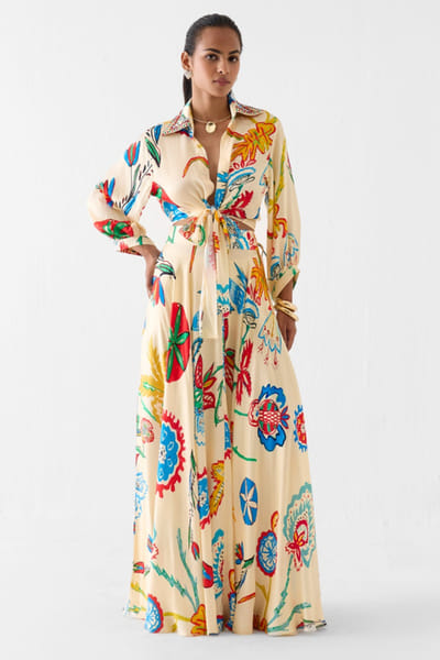 Studio Rigu Cream floral hand block printed maxi skirt set STUDMAY26D144783