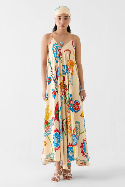 Studio Rigu Cream floral hand block printed maxi dress STUDMAY26D144784