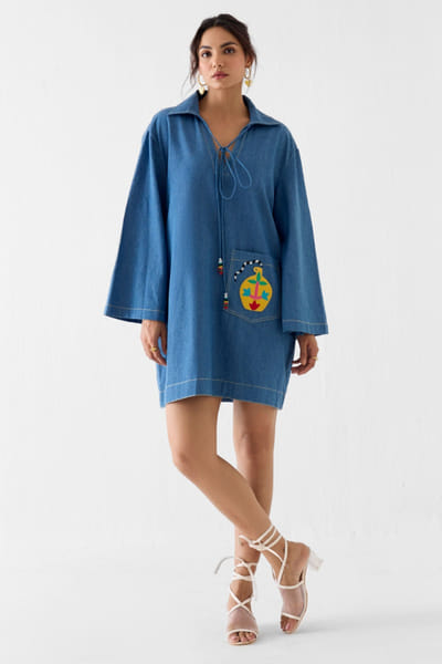 Studio Rigu Blue hand embroidered patchwork denim dress STUDMAY26D144798