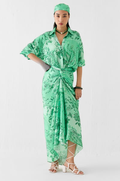 Studio Rigu Green paisley printed draped shirt dress STUDMAY26D144804
