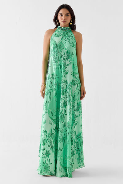 Studio Rigu Green paisley print embroidered halter dress STUDMAY26D144805