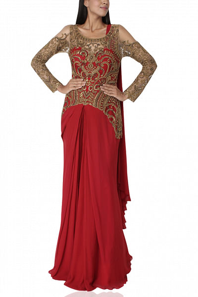 Red and gold sari gown