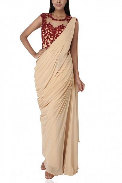 Beige and maroon sari gown