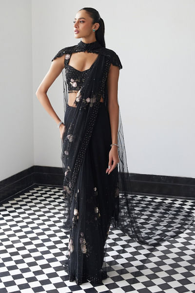 Black patchwork embellished sari set