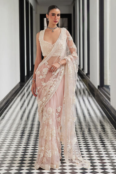 Pink embellished net sari set