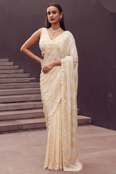 Istya Beige ombre sequin embroidered sari set ISTJUN25D129817