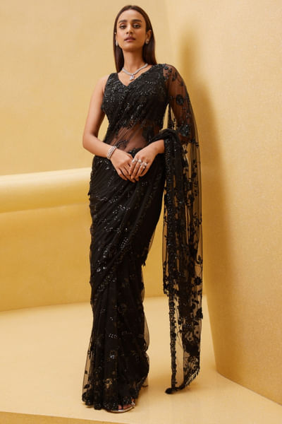 Black floral hand embroidered sari set