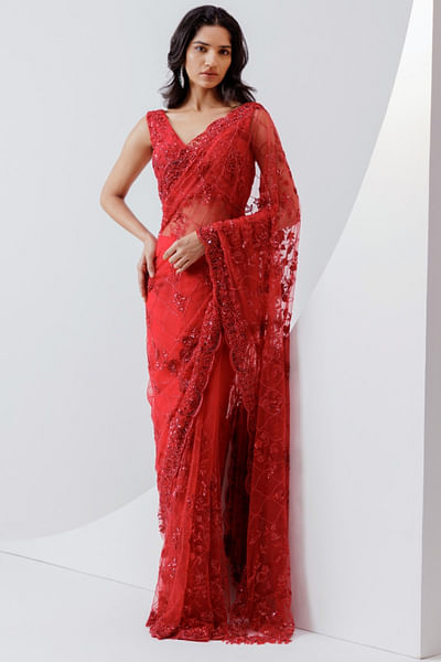 Cocktail red hand embroidered sari set