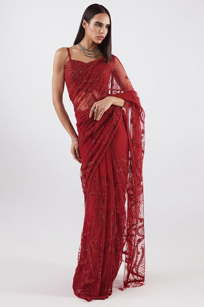 Red embroidered sari set