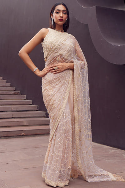 Istya Beige pearl-zari hand embellished sari set ISTJUN25D129816