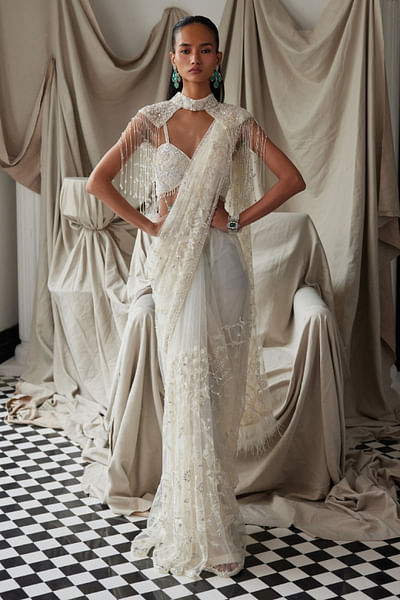 Ivory embellished net sari set