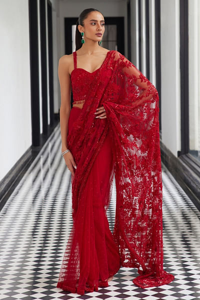 Red sequins embellished sari set