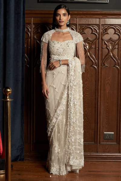 Istya Grey applique embroidered cape and sari set ISTDEC25D133219