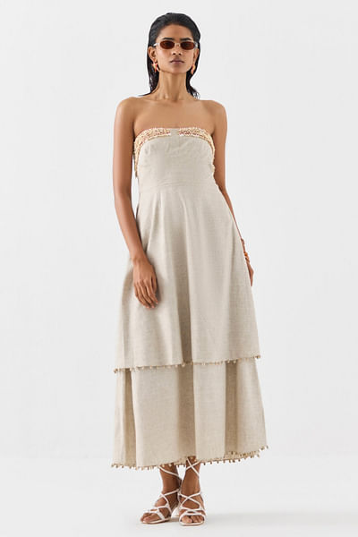 Natural embroidered tiered dress