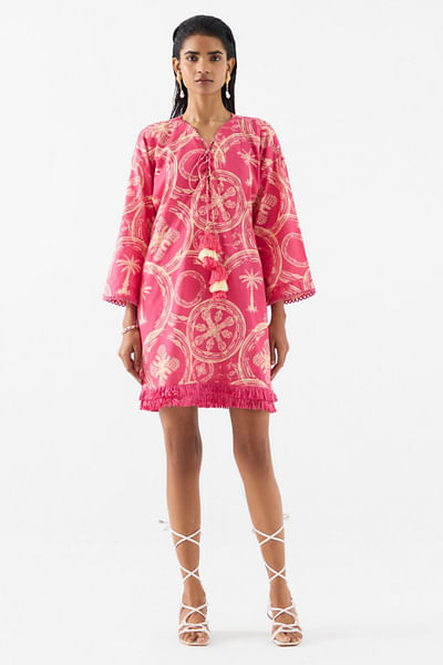 Pink printed bell sleeves dress
