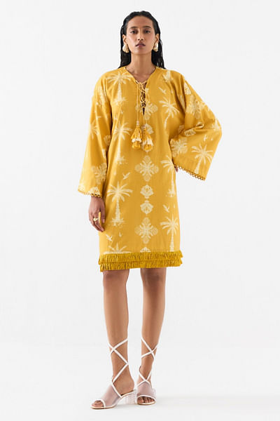 Yellow printed bell sleeves dress