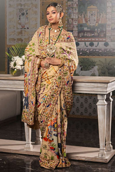 Khadi yellow hand embroidered sari