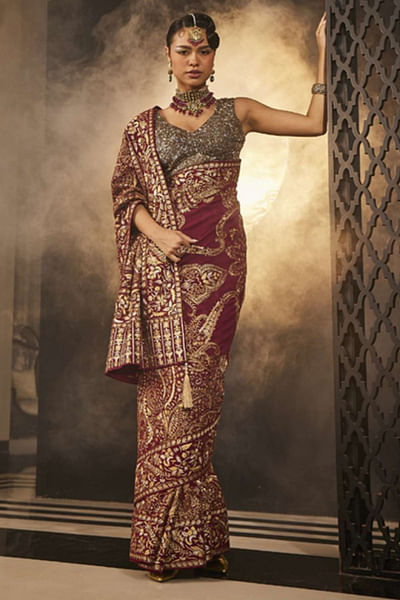 Wine and gold embroidered woven sari