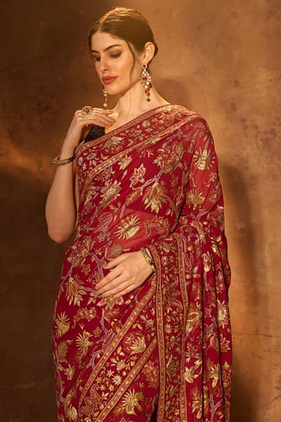 Wine resham and tilla embroidered sari