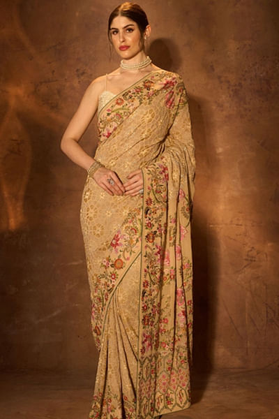 Peachy lemon zardozi embroidered sari