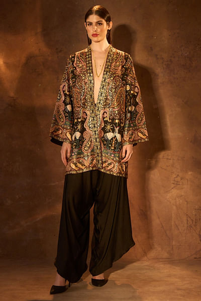 Black embroidered kimono silk jacket