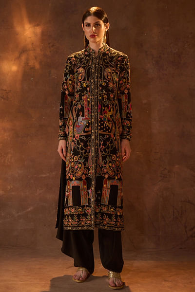 Black kalamkari embroidered long jacket