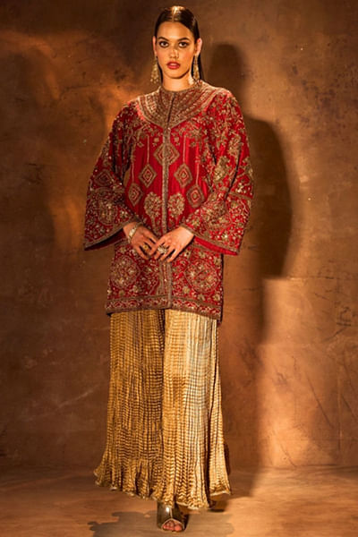 Red zardozi embroidered silk jacket