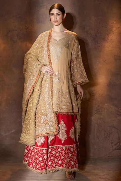 Beige gold-red tilla embroidered sharara set