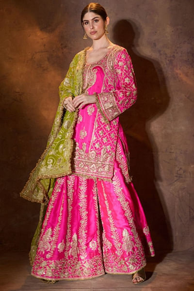 Fuchsia pink embroidered sharara set