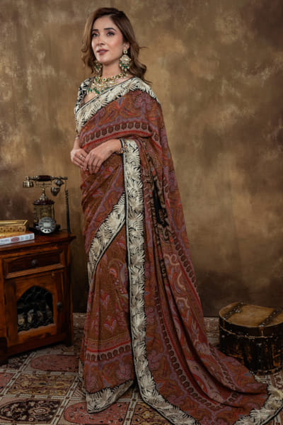Brick printed and embroidered sari set