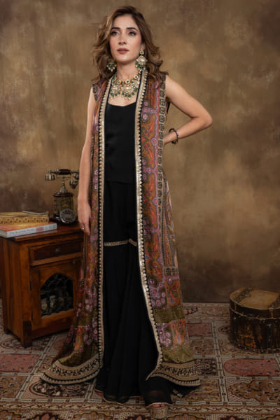 Black kalamkari digital printed long jacket