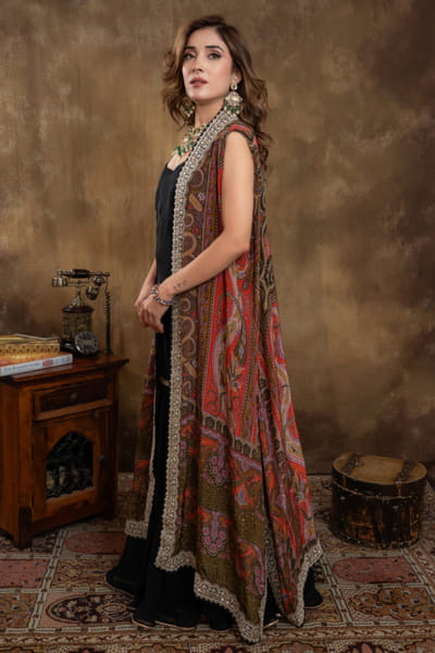 Red kalamkari digital printed long jacket