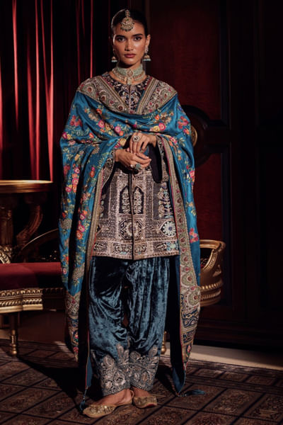 Black meenakari velvet jacket set