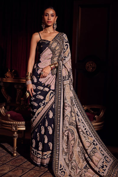 Black printed zardozi embroidered sari