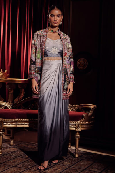 Elixir grey kalamkaari jacket skirt set