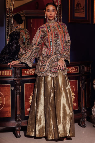 Black and gold embroidered jacket skirt set