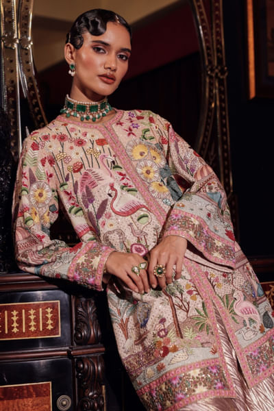 Salmon pink kalamkaari jacket skirt set