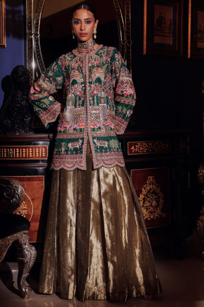 Green and gold zardozi jacket skirt set